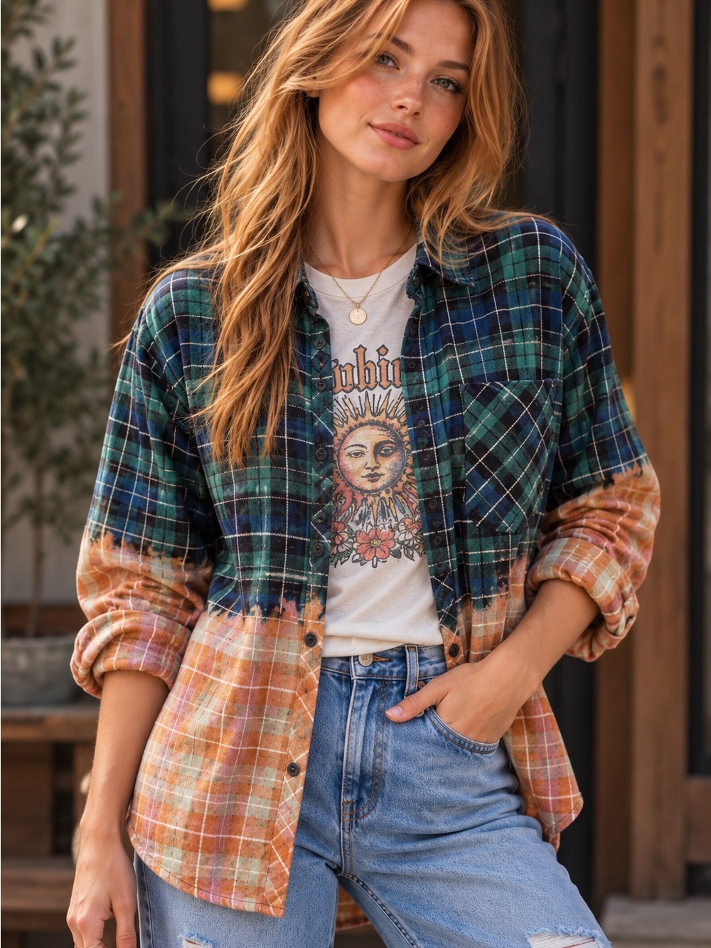 GAP Upcycled Plaid Flannel OOAK Custom Bleach Dyed Grunge Boho Shirt